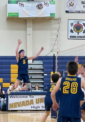 Brett Cota goes to spike the ball over the net.