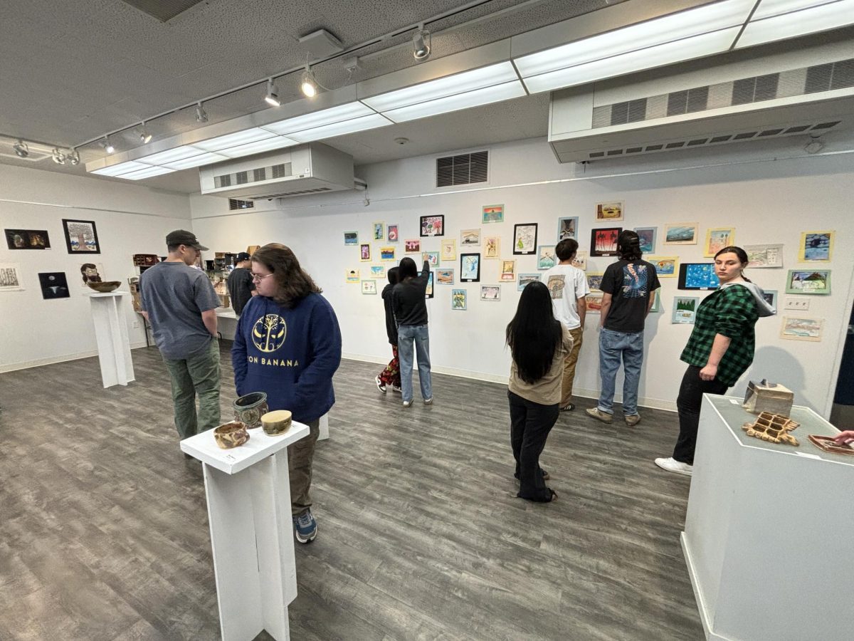 Jillian Downs 2nd period Advanced Ceramics class observing the Art that Colors Your World gallery show.